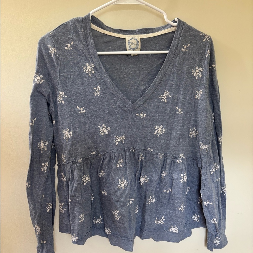 Blue Rain Denim Blue Floral V-Neck Blouse
